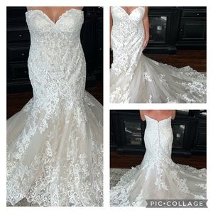 Sz 12 Stunning Mermaid Sweetheart lace button down back bridal gown NWOT